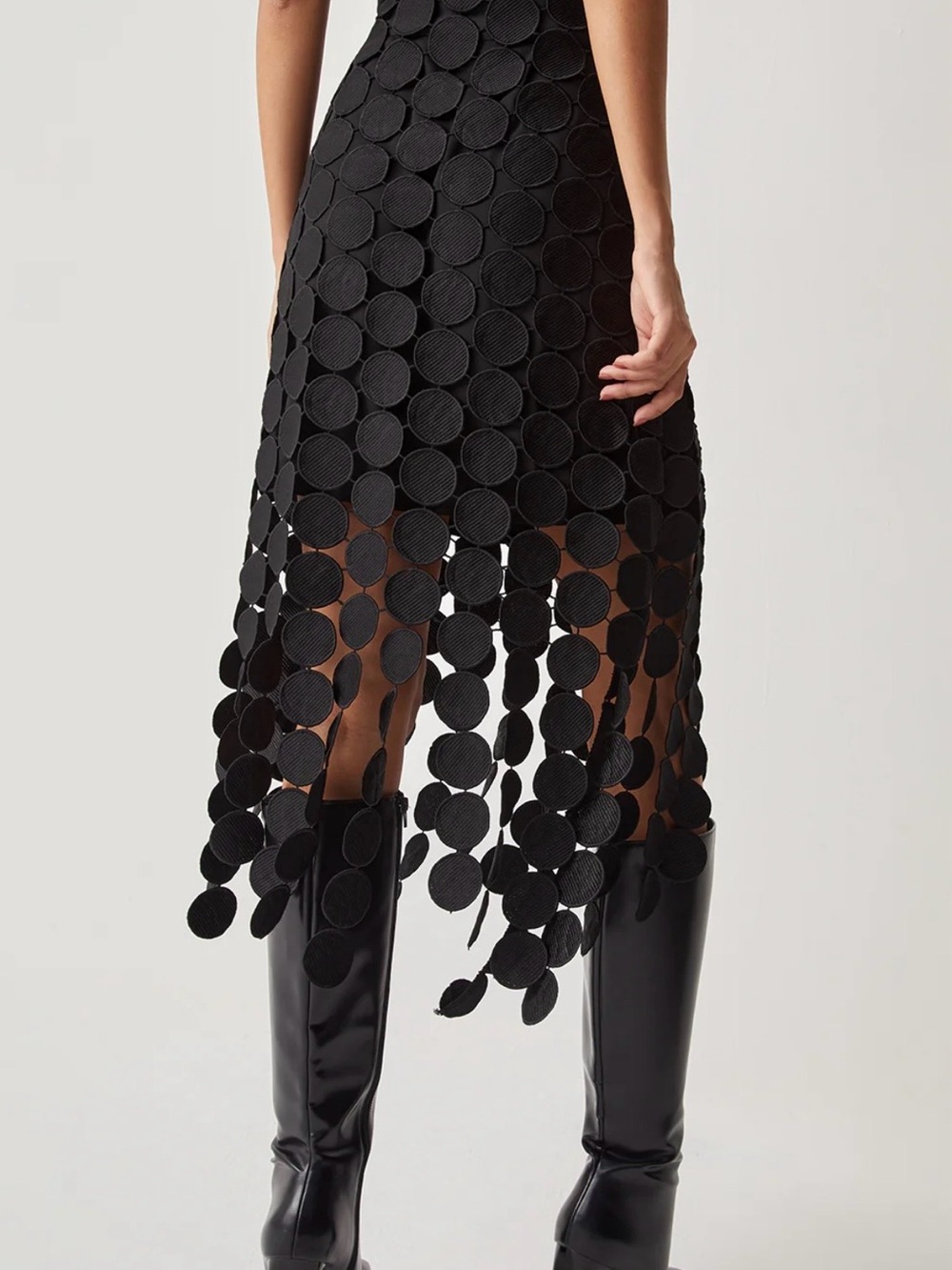 Commense Black Circle-Appliqué Midi Skirt with Fringe Hem